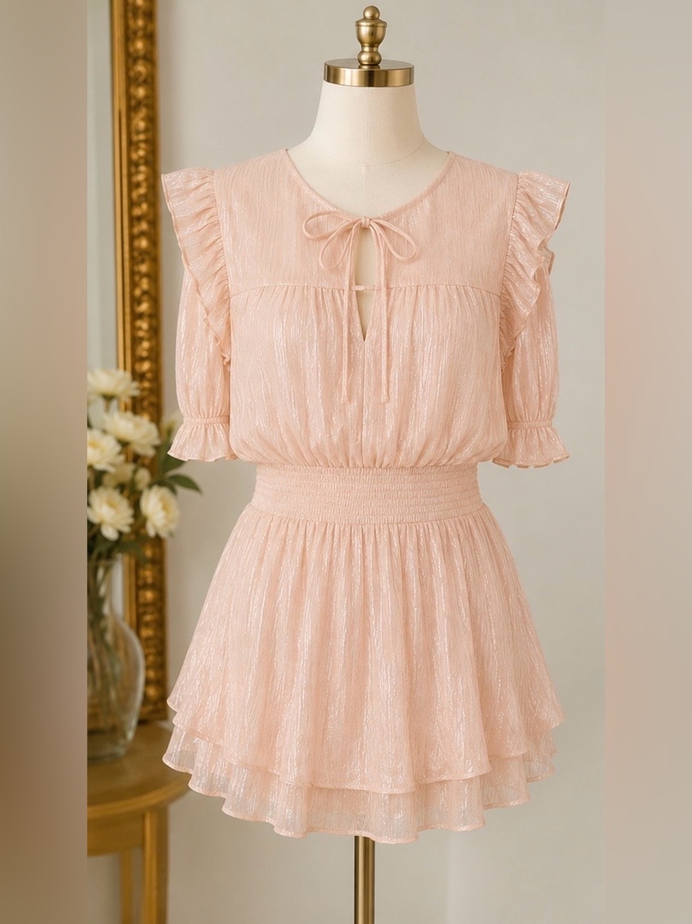 English Factory NWT Blush Shimmer Ruffle Mini Dress Size Small